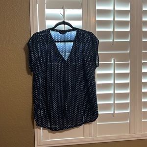 Lands End Women’s Top Blouse V-Neck Pullover Size 12 Sheer Blue Polka Dots
